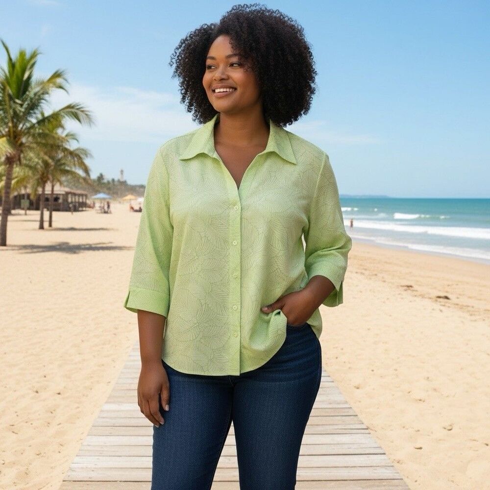 Talbots Green Tropical Print Button Down Shirt 24W Coastal Resort Casual Top